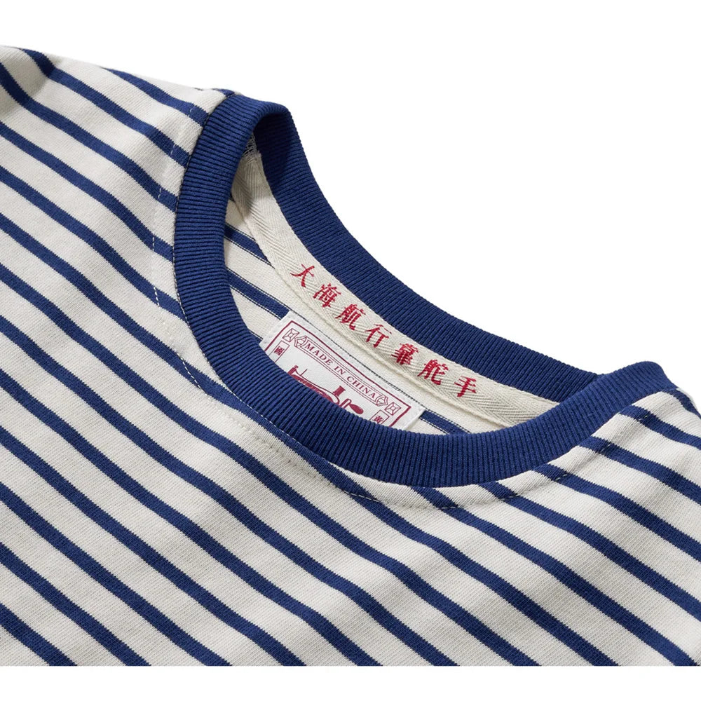 Winter New Blue White Striped Long Sleeve T Shirt Men Japanese Retro Heavy Weight Cotton Casual Tops Lovers Shirt Streetwear