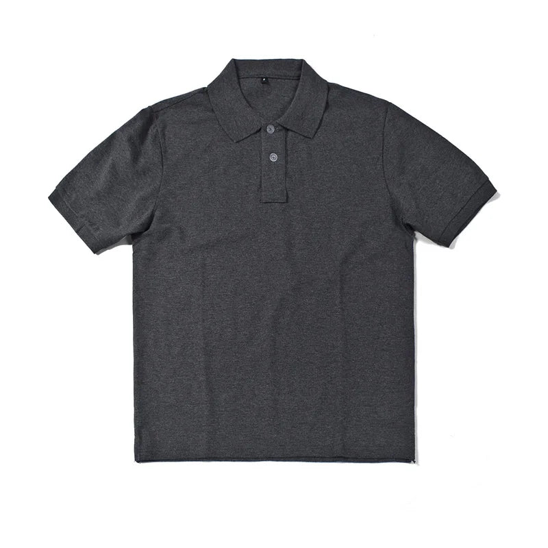 Amekaji Vintage Heavy Weight Cotton Gray Polo Shirt Men's Lapel Short Sleeve T-shirt Spring Autumn Solid Color Basic Loose Fit