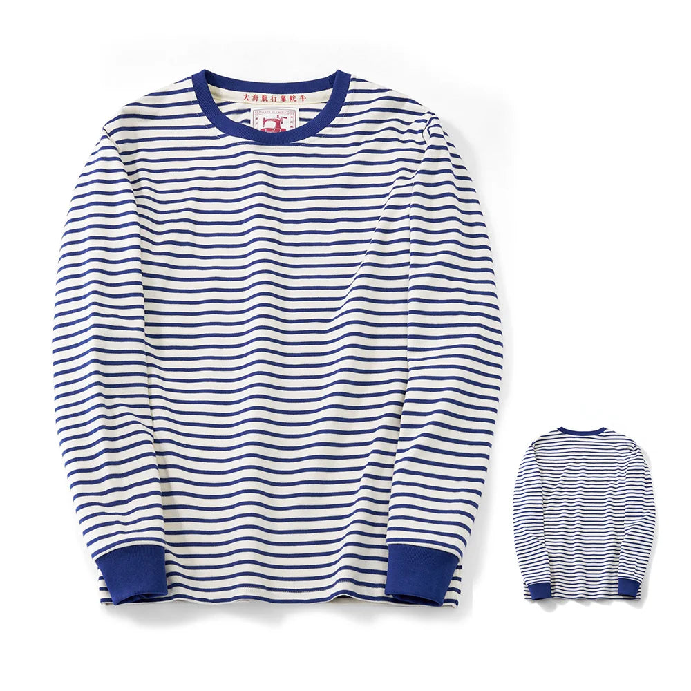 Winter New Blue White Striped Long Sleeve T Shirt Men Japanese Retro Heavy Weight Cotton Casual Tops Lovers Shirt Streetwear
