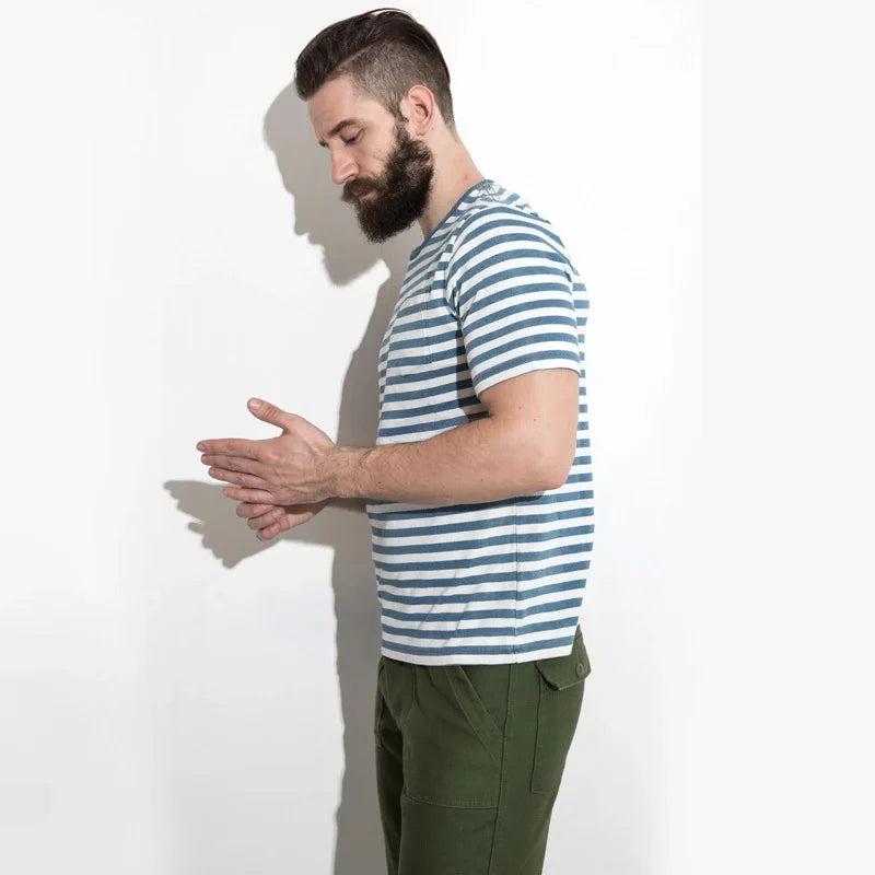 Vintage Breton Top Round Neck Men's Short-sleeved Striped T-shirt Retro College Style Striped Sailor Couple Dress Casual Tops