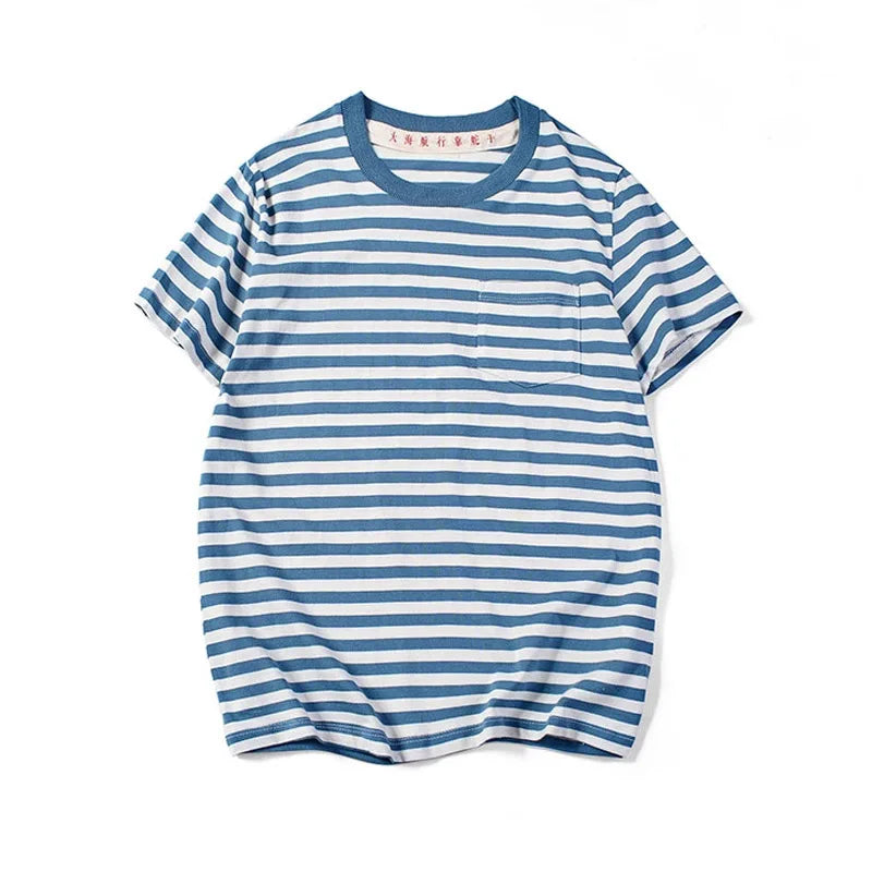 Japanese Retro Blue Striped T Shirt Mens Cotton Casual Tshirts Men Summer Streetwear Sailor Dress Unisex Oversized Breton Tops
