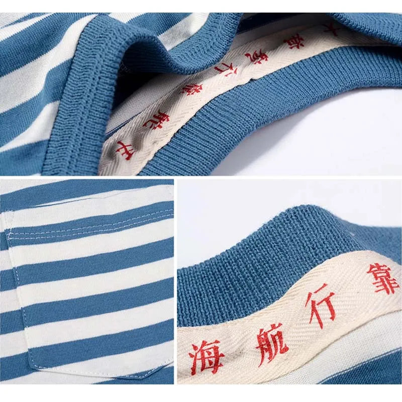 Vintage Breton Top Round Neck Men's Short-sleeved Striped T-shirt Retro College Style Striped Sailor Couple Dress Casual Tops
