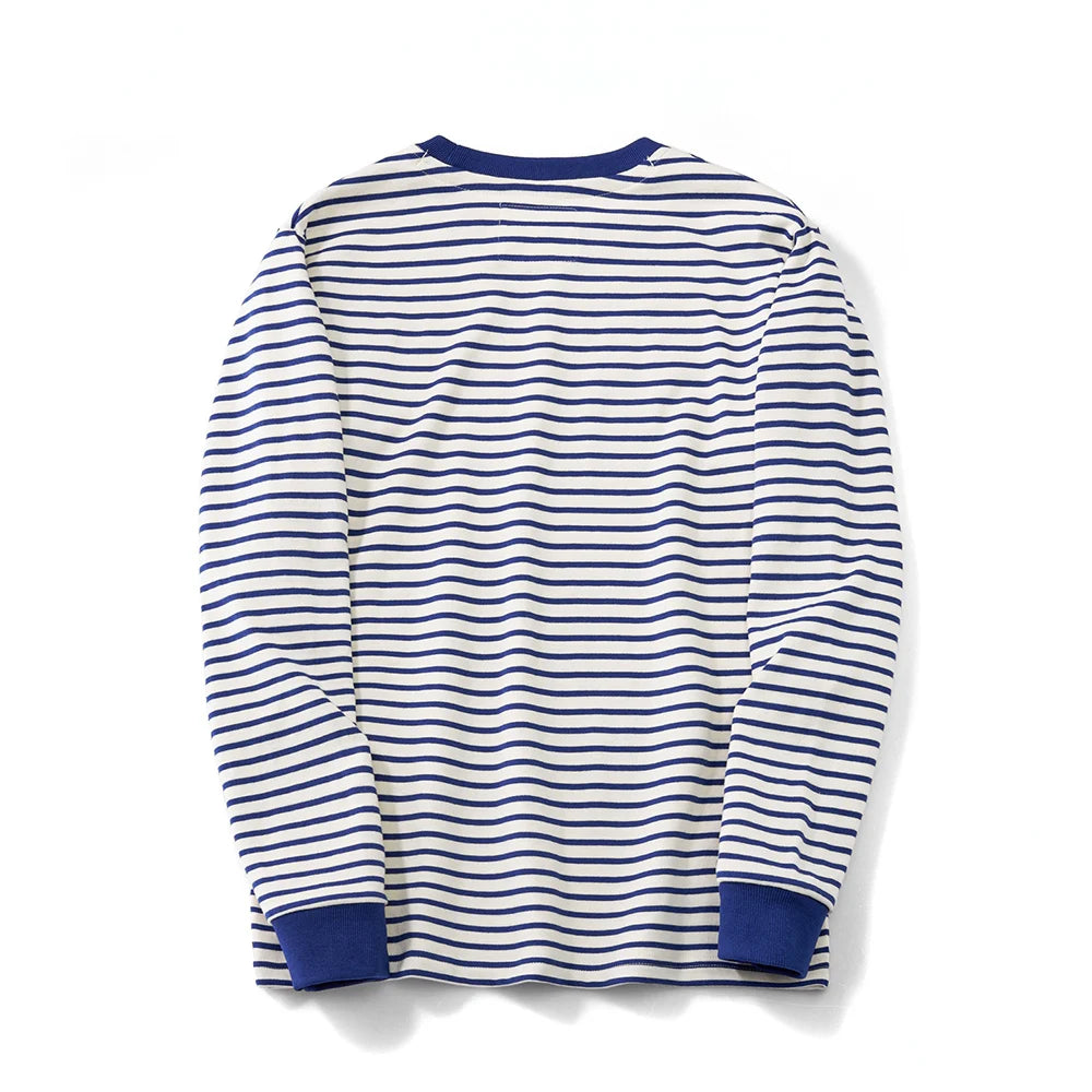 Winter New Blue White Striped Long Sleeve T Shirt Men Japanese Retro Heavy Weight Cotton Casual Tops Lovers Shirt Streetwear