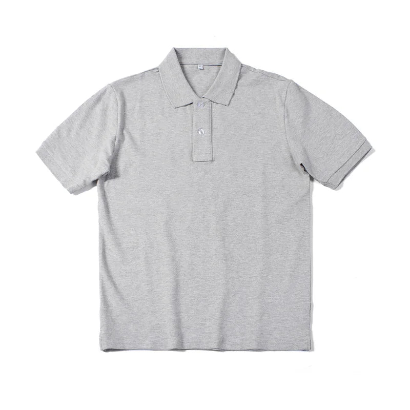 Amekaji Vintage Heavy Weight Cotton Gray Polo Shirt Men's Lapel Short Sleeve T-shirt Spring Autumn Solid Color Basic Loose Fit