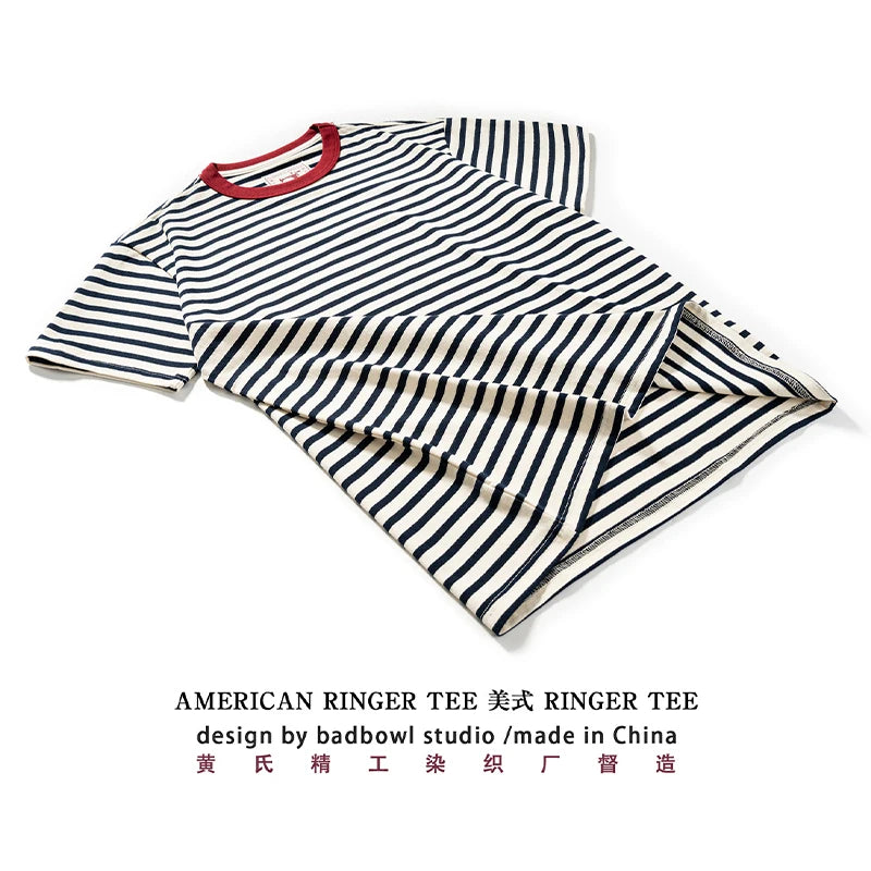 Summer new pure cotton T-shirt men's American retro contrasting shirt versatile couple short sleeved T-shirt striped base shirt