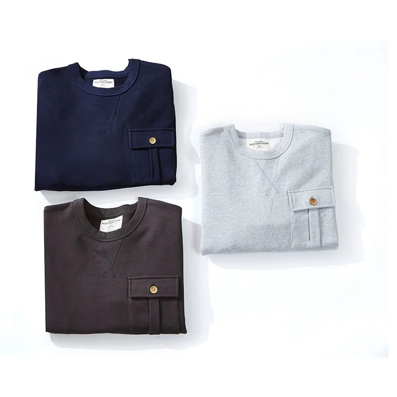 Men's Amekaji 490g Heavyweight French Terry Sweatshirt - Solid Color Crew Neck Pullover Kangaroo Pocket Thick Hoodie