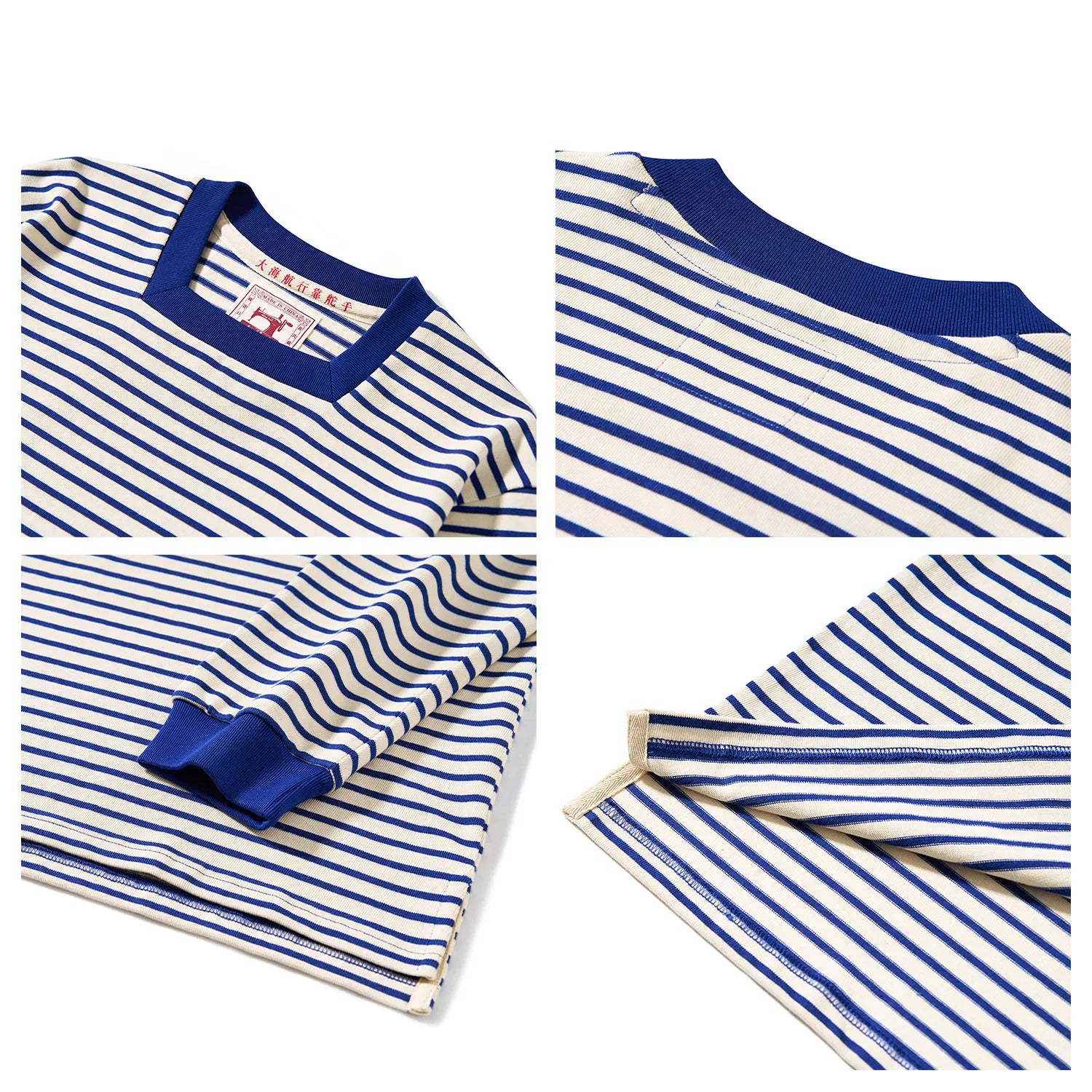 Original Square Neck Striped T-shirt From The Great Voyage Series, Heavyweight Pure Cotton Men's Retro Long Sleeved T-shirt