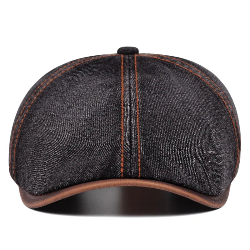 Akkad Kuti British Vintage Washed Denim Beret - Unisex Retro Painter Hat with Distressed Effect