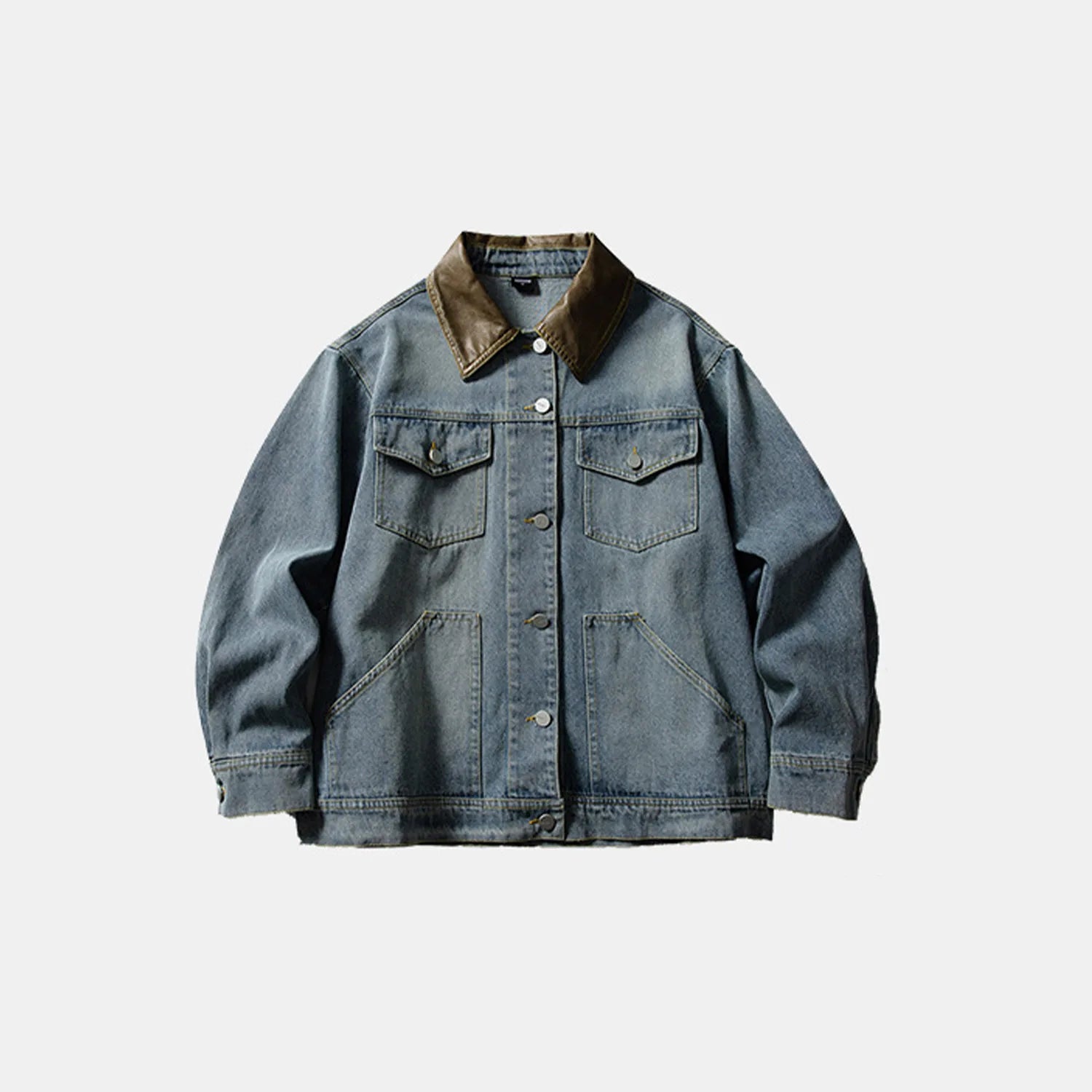 2026 New Retro Multi-Pocket Design Loose Collar Men's Denim Jacket Autumn New Style Fashion Brand Washed Out Thickened Polyester