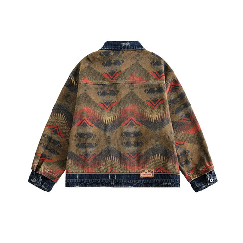 2025 Autumn New Men's Amekaji Jacket Japanese Retro American Street Denim Jacquard Paneled Vintage Washed Oversized Lapel Coat