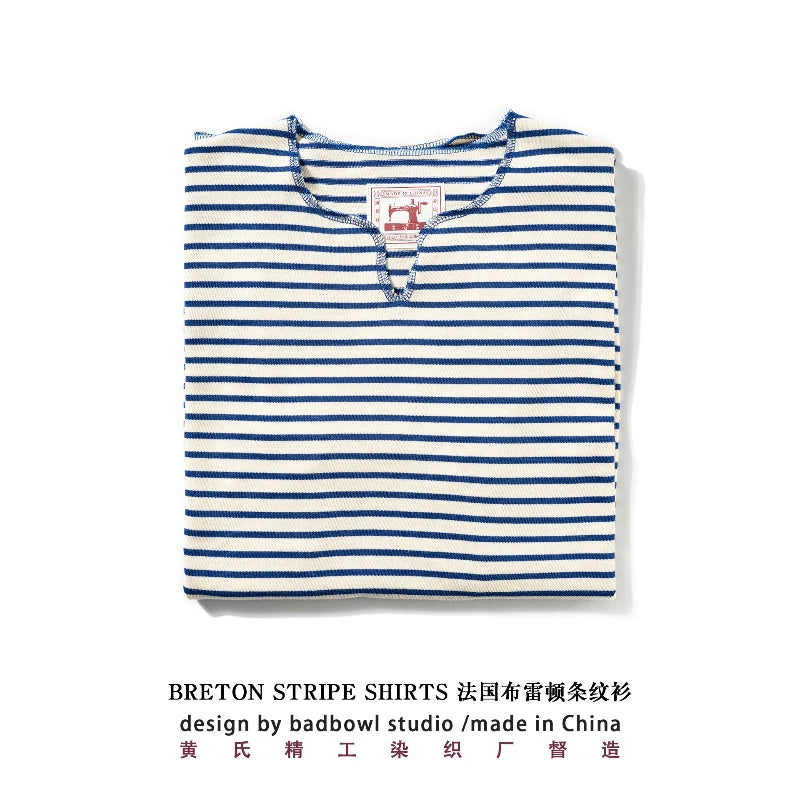 Summer men's pure cotton T-shirt, retro striped V-neck T-shirt from the United States, fashionable and versatile casual style