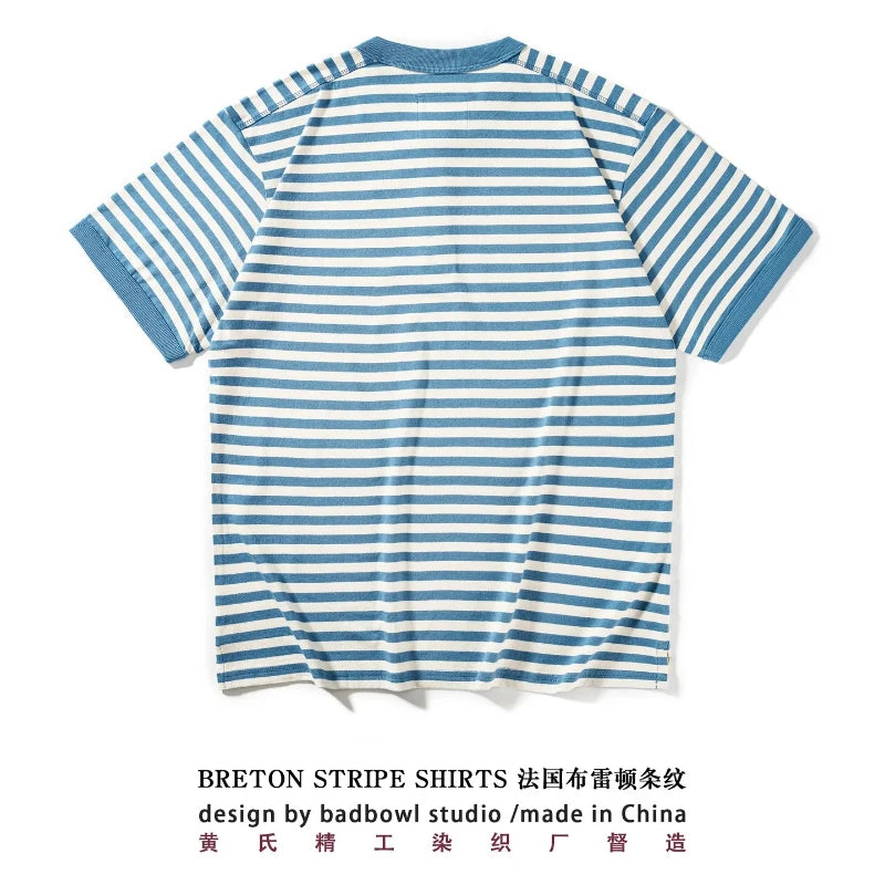 Classic American retro men's T-shirt fashionable Henry collar striped short sleeved T-shirt, all cotton washed T-shirt loose fit