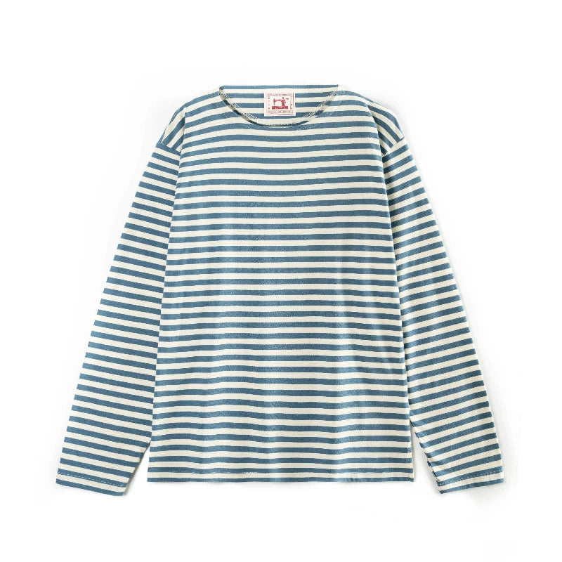 New one neck loose casual T-shirt for men, blue and white striped T-shirt, men pure cotton versatile long sleeved sea soul shirt