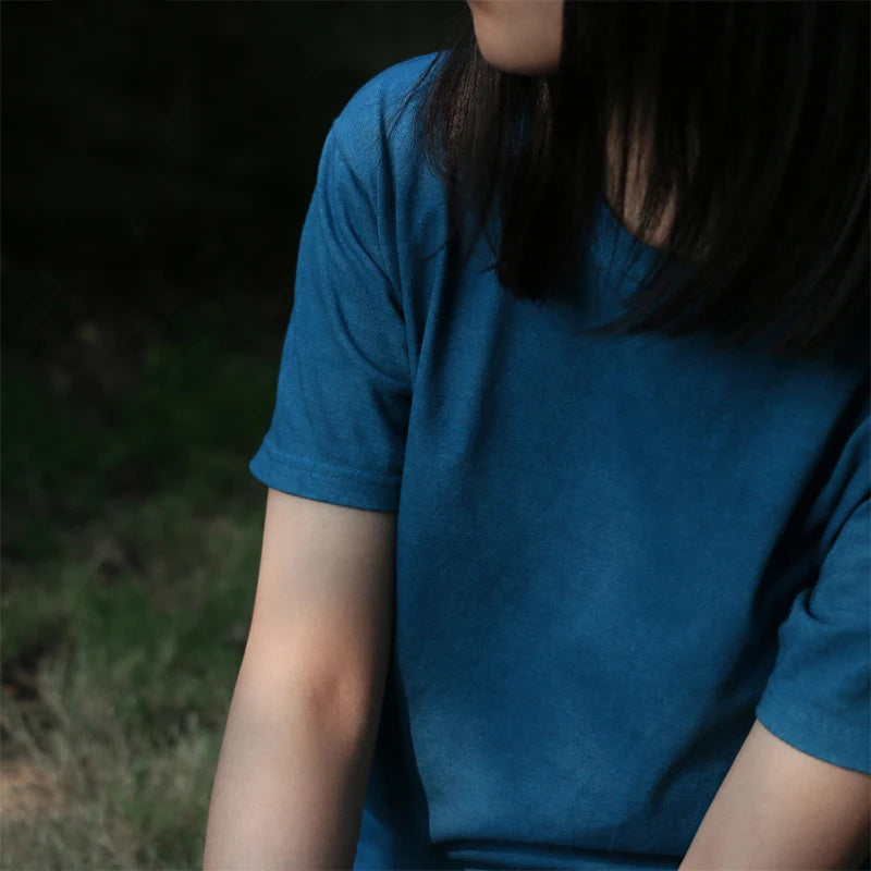 BADBOWL High Quality Cotton Indigo T-shirt Handmade Plant Dyeing Men's T-shirt Short Sleeve Round Neck Japanese Retro Style Tops