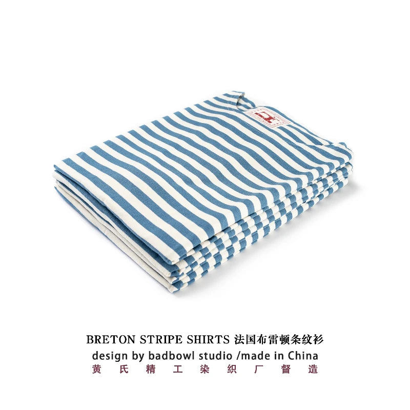 New one neck loose casual T-shirt for men, blue and white striped T-shirt, men pure cotton versatile long sleeved sea soul shirt