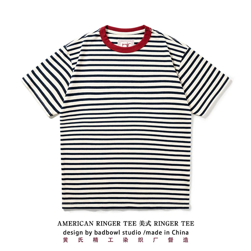 Summer new pure cotton T-shirt men's American retro contrasting shirt versatile couple short sleeved T-shirt striped base shirt
