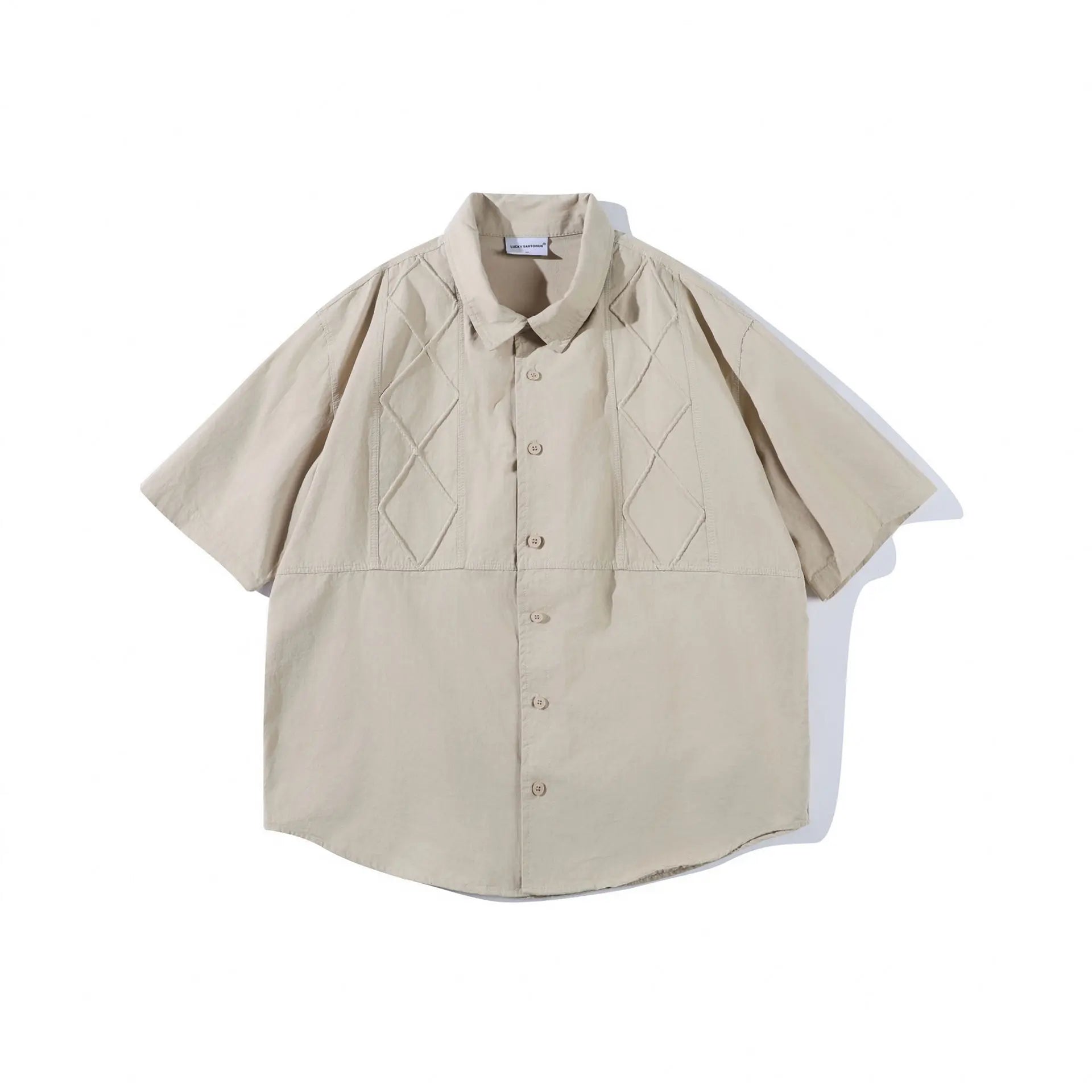 New Arrival Unisex Amekaji Shirt 100% Cotton Japanese Vintage Modern Chinese Style Argyle Paneled Loose Workwear Short-Sleeve