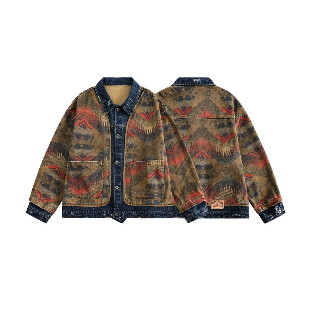 2025 Autumn New Men's Amekaji Jacket Japanese Retro American Street Denim Jacquard Paneled Vintage Washed Oversized Lapel Coat