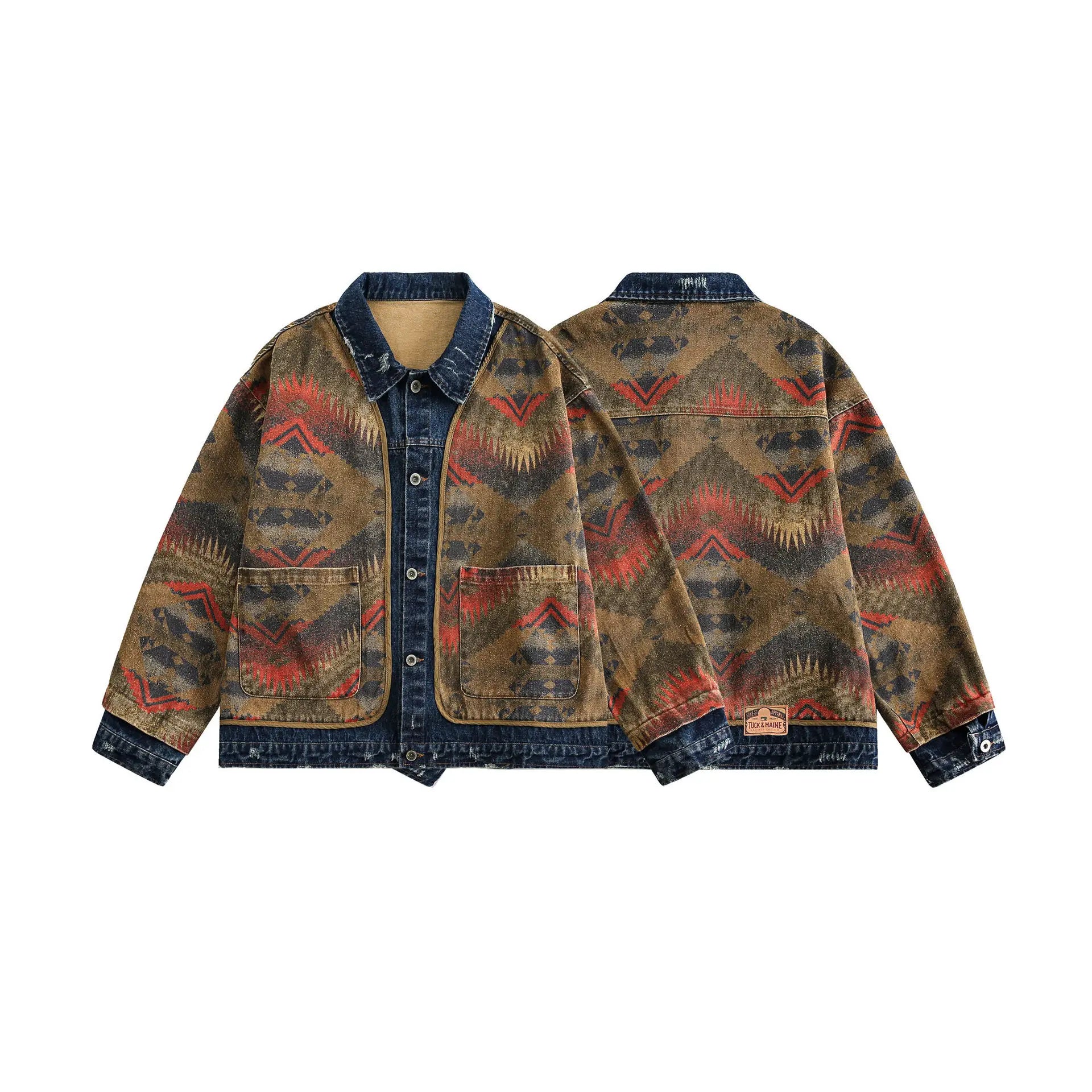 2025 Autumn New Men's Amekaji Jacket Japanese Retro American Street Denim Jacquard Paneled Vintage Washed Oversized Lapel Coat