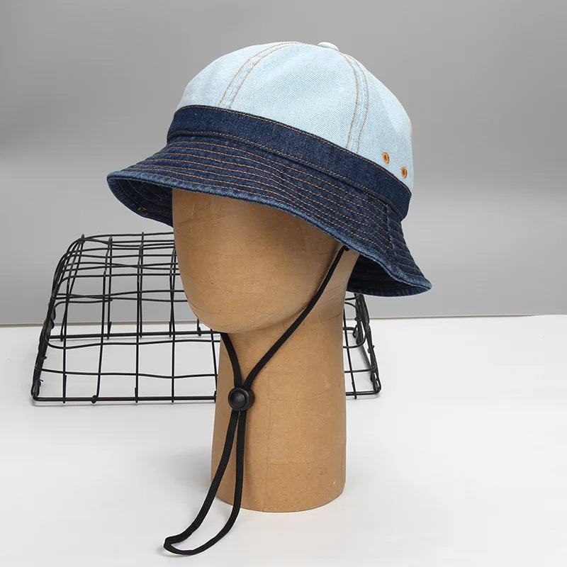 Akkad Kuti Vintage Denim Blue Bucket Hat Wide Brim Round Top Sun Hat for Breathable Unisex Fisherman Hat Casual Outdoor Cap