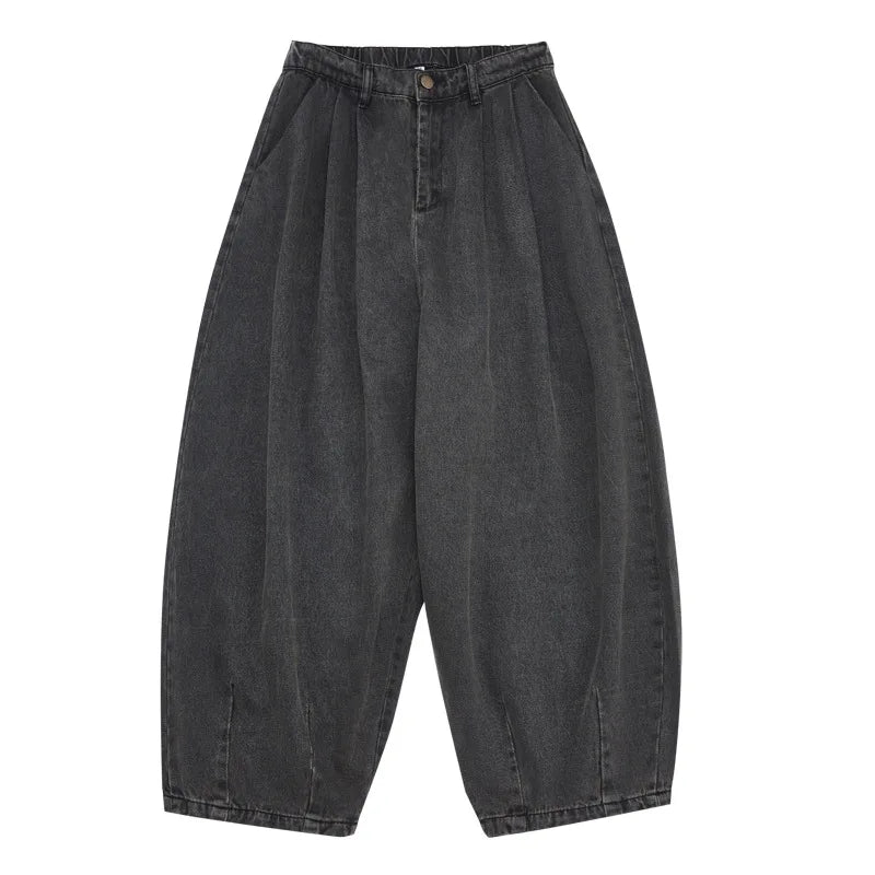 Japanese Retro Loose Distressed Washed Wide Leg Jeans for Both Men and Women, Casual Pants with Hanging Pleats and Lantern Cut