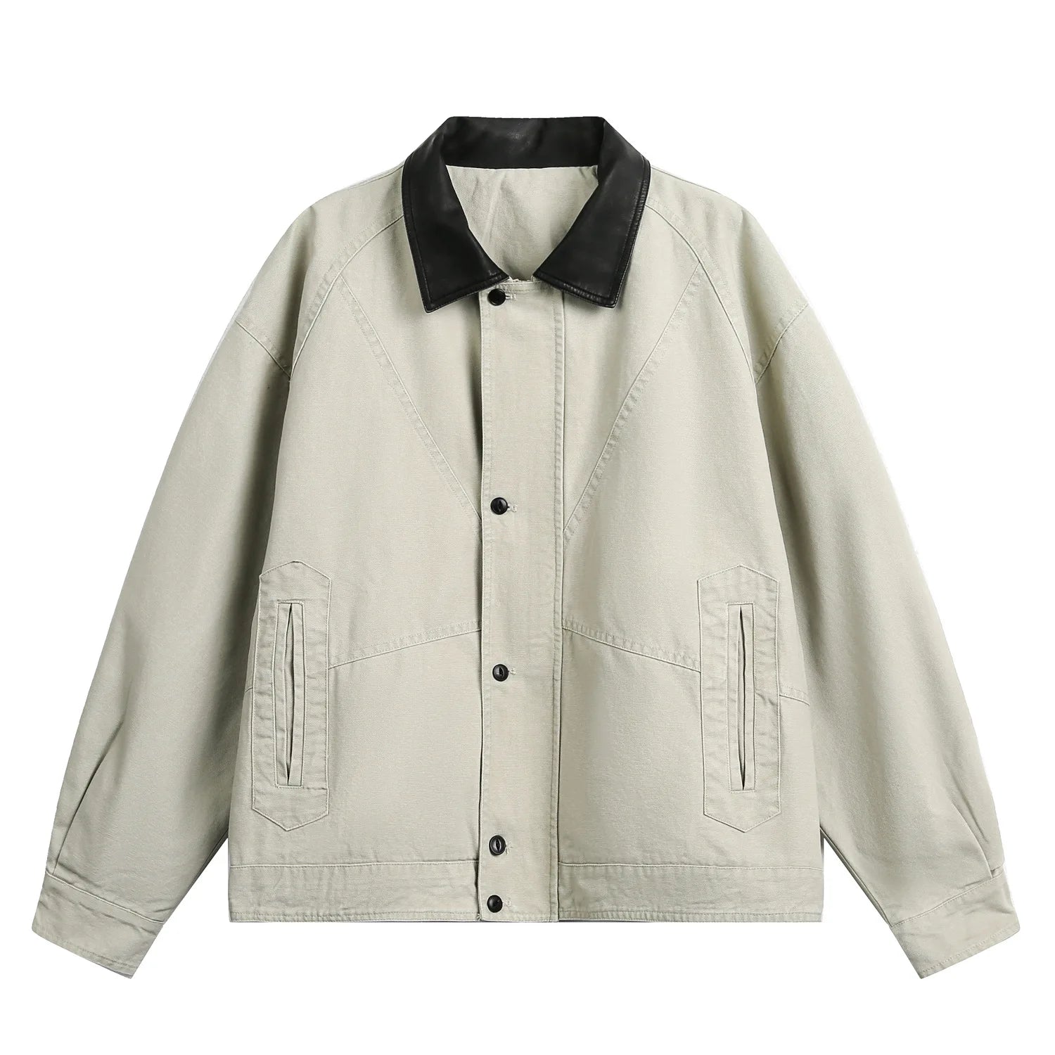 2026 New Japanese Retro Amikaji Detroit Workwear Jacket Men's and Women's Loose Washed PU Leather Collar Patchwork Canvas Jacket