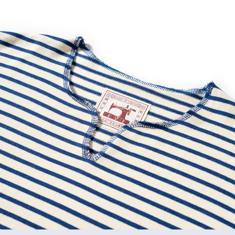 Summer men's pure cotton T-shirt, retro striped V-neck T-shirt from the United States, fashionable and versatile casual style