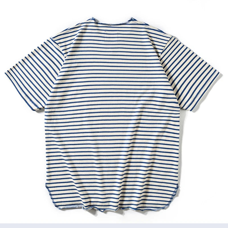 Summer men's pure cotton T-shirt, retro striped V-neck T-shirt from the United States, fashionable and versatile casual style