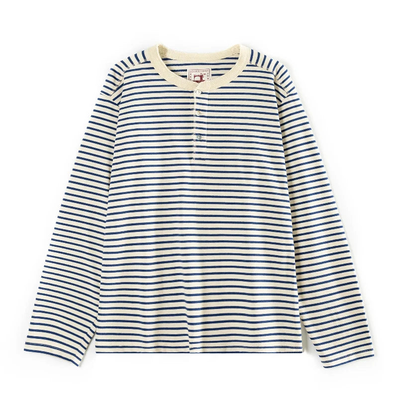Classic American Retro Blue and White Sea Soul T-shirt Heavy duty All Cotton Striped Men Henry Collar Casual Long Sleeve T-shirt