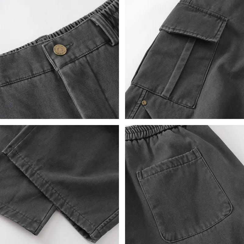 Winter Japanese Retro Amekhaki Washed Multi Pocket Work Pants for Men and Women, Loose and Plush Thick Casual Pants