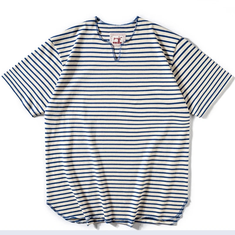 Summer men's pure cotton T-shirt, retro striped V-neck T-shirt from the United States, fashionable and versatile casual style