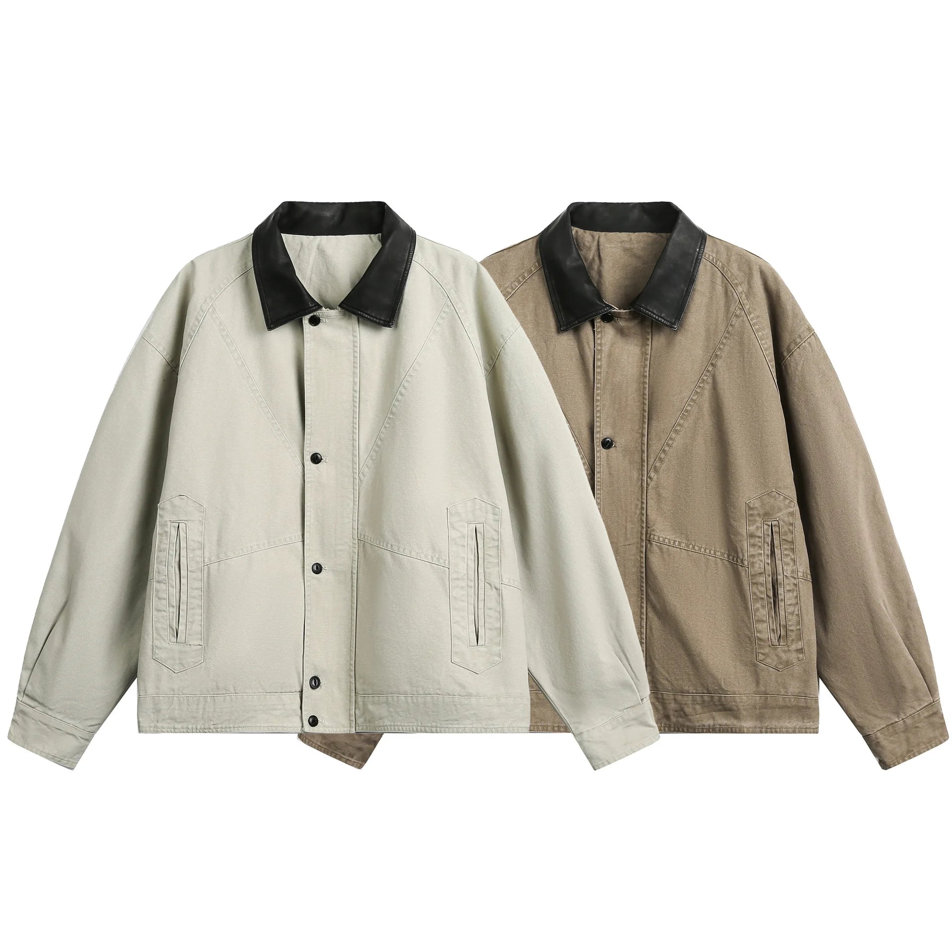 2026 New Japanese Retro Amikaji Detroit Workwear Jacket Men's and Women's Loose Washed PU Leather Collar Patchwork Canvas Jacket