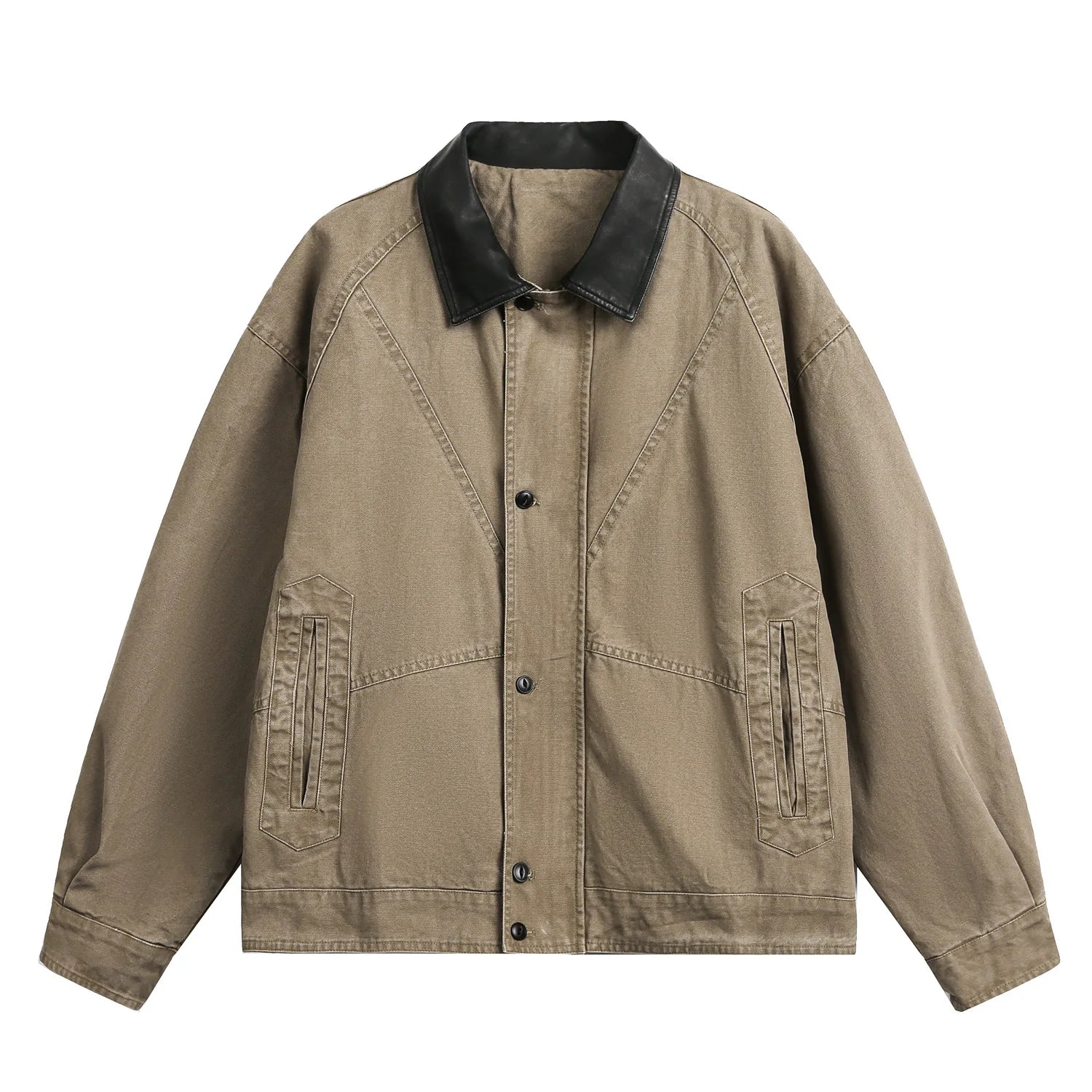 2026 New Japanese Retro Amikaji Detroit Workwear Jacket Men's and Women's Loose Washed PU Leather Collar Patchwork Canvas Jacket