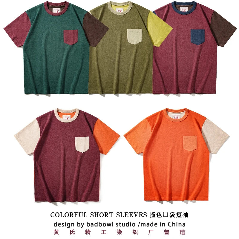 First release all cotton retro patchwork contrasting pocket T-shirt with college style fresh and white look for couples