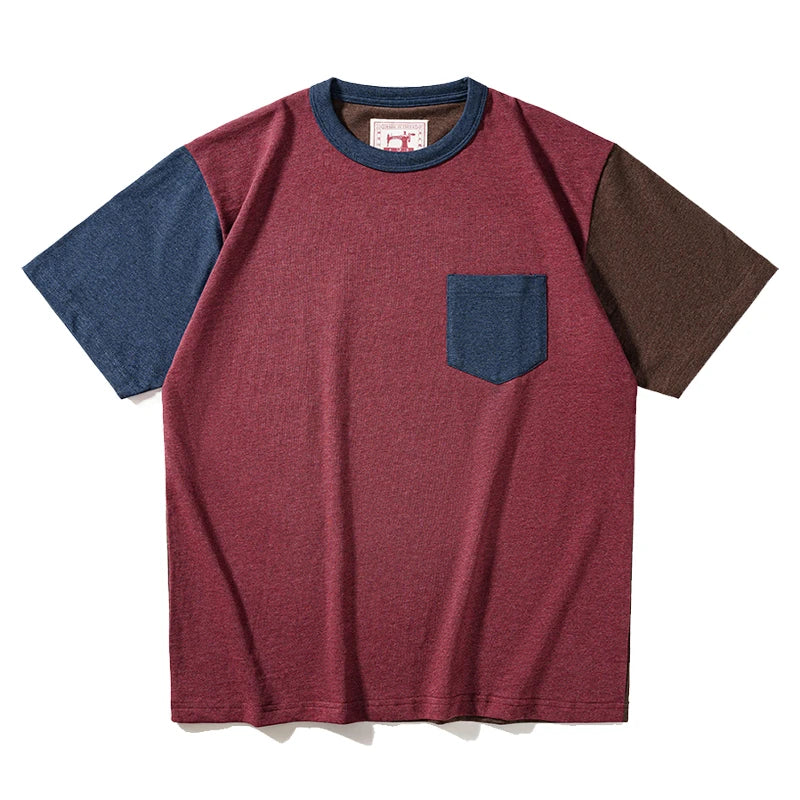 First release all cotton retro patchwork contrasting pocket T-shirt with college style fresh and white look for couples