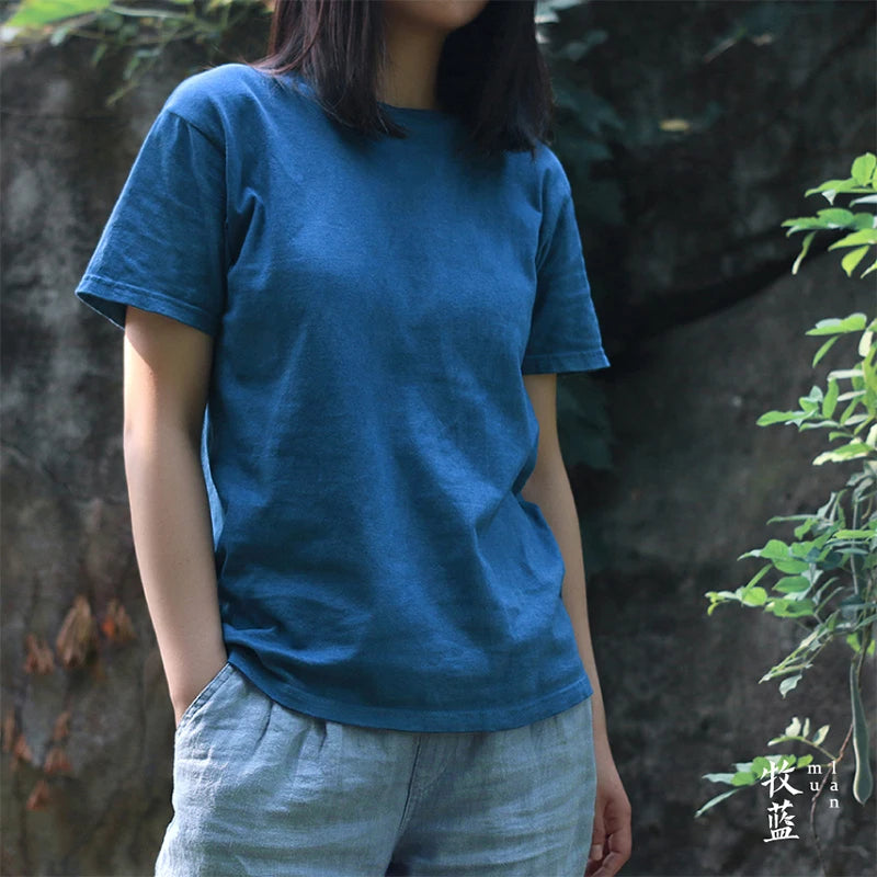 BADBOWL High Quality Cotton Indigo T-shirt Handmade Plant Dyeing Men's T-shirt Short Sleeve Round Neck Japanese Retro Style Tops