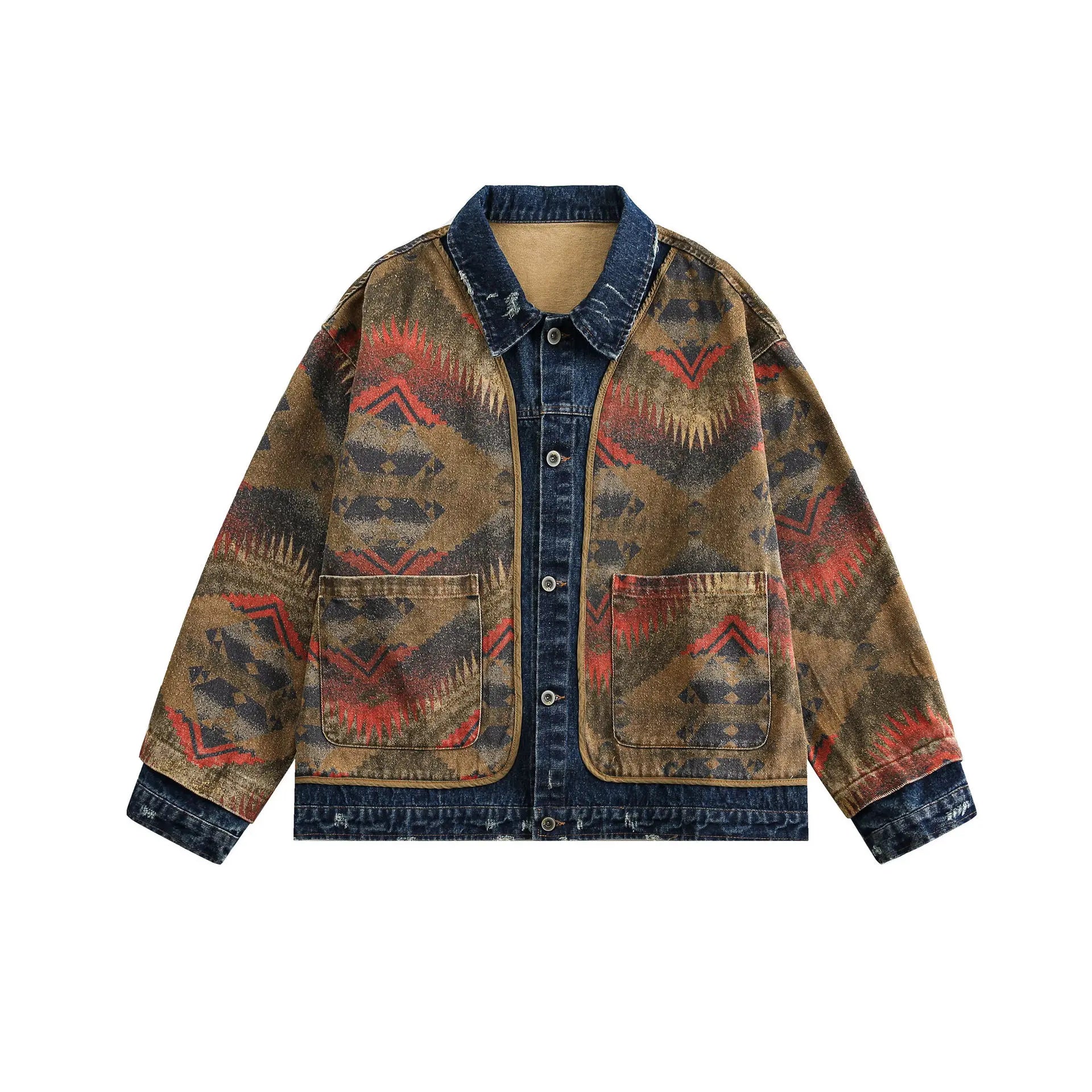 2025 Autumn New Men's Amekaji Jacket Japanese Retro American Street Denim Jacquard Paneled Vintage Washed Oversized Lapel Coat