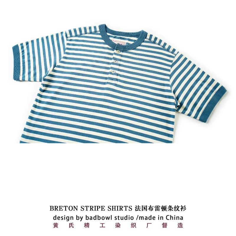 Classic American retro men's T-shirt fashionable Henry collar striped short sleeved T-shirt, all cotton washed T-shirt loose fit