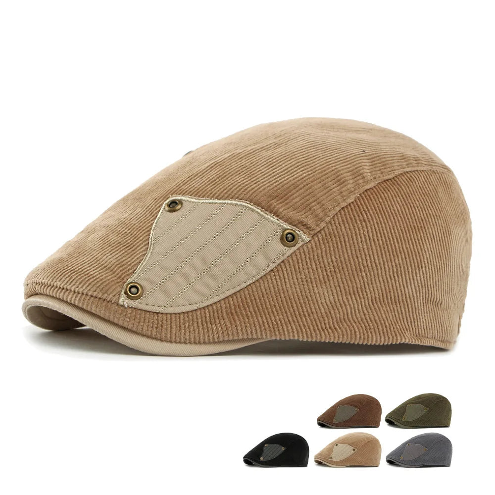 British Vintage Corduroy Patch Beret - Unisex Street Fashion Forward Cap for Fall Winter