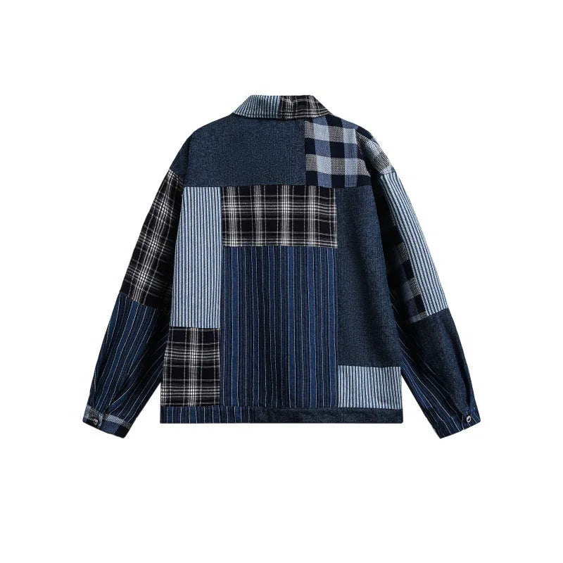 2026 Spring Japanese Retro Washed Plaid Patchwork Denim Jacket Men Akkad Kuti High - Quality Loose Casual Workwear Coat