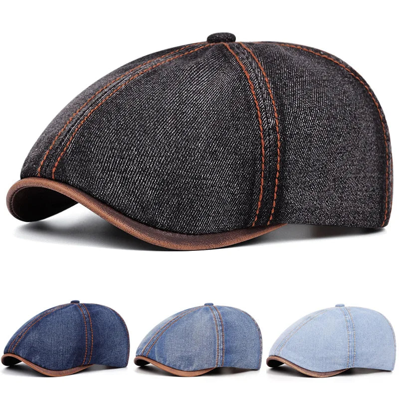 Akkad Kuti British Vintage Washed Denim Beret - Unisex Retro Painter Hat with Distressed Effect