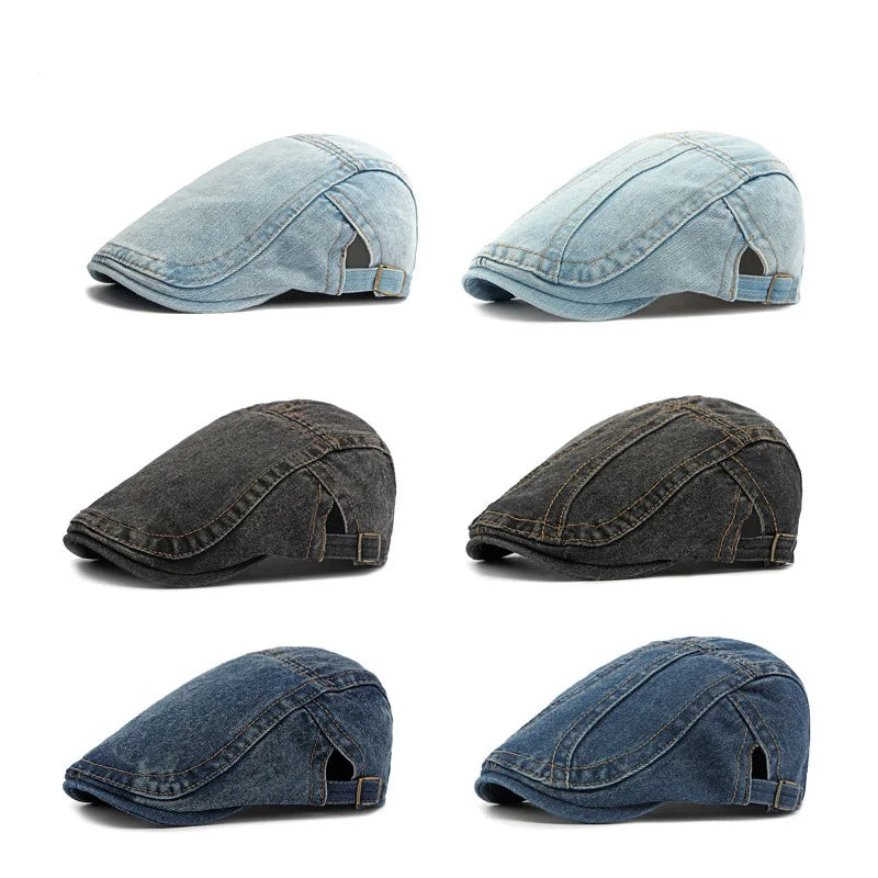 Spring Autumn Trendy Thin Hat Unisex Men Women Washed Denim Korean Artsy Retro Beret Peaked Cap Forward Cap