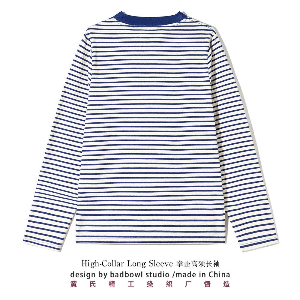 Small High Neck Long Sleeved Striped T-shirt for Men, Vintage Sea Spirit Shirt, Heavyweight All Cotton Boxing Embroidery T-shirt