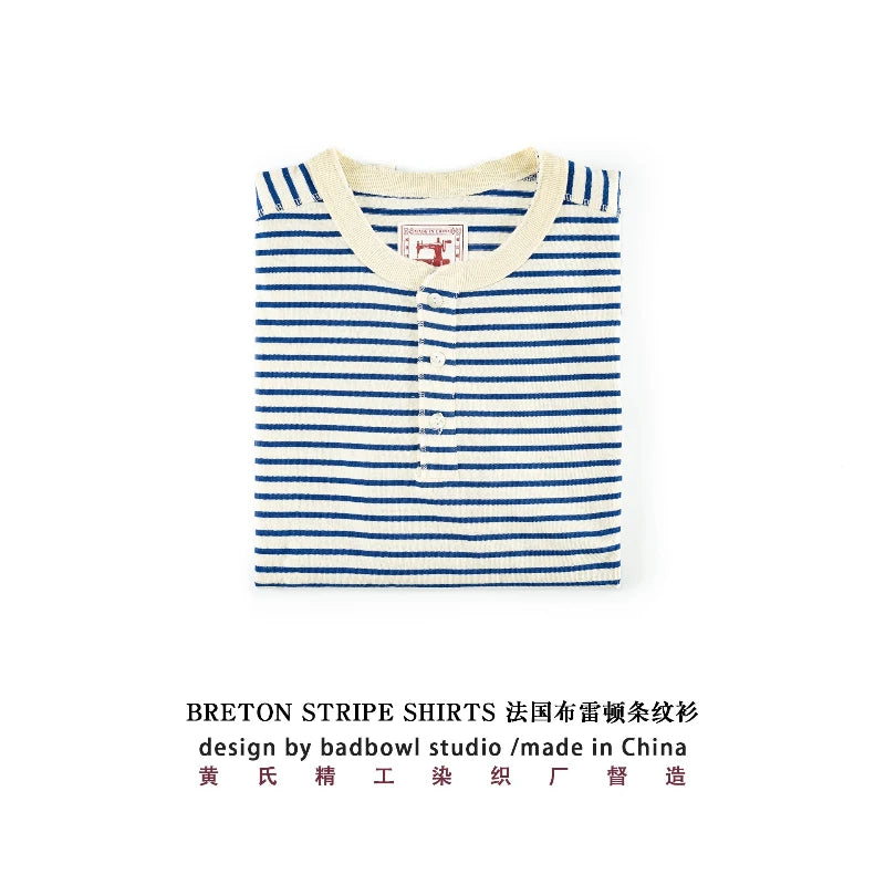 Classic American Retro Blue and White Sea Soul T-shirt Heavy duty All Cotton Striped Men Henry Collar Casual Long Sleeve T-shirt