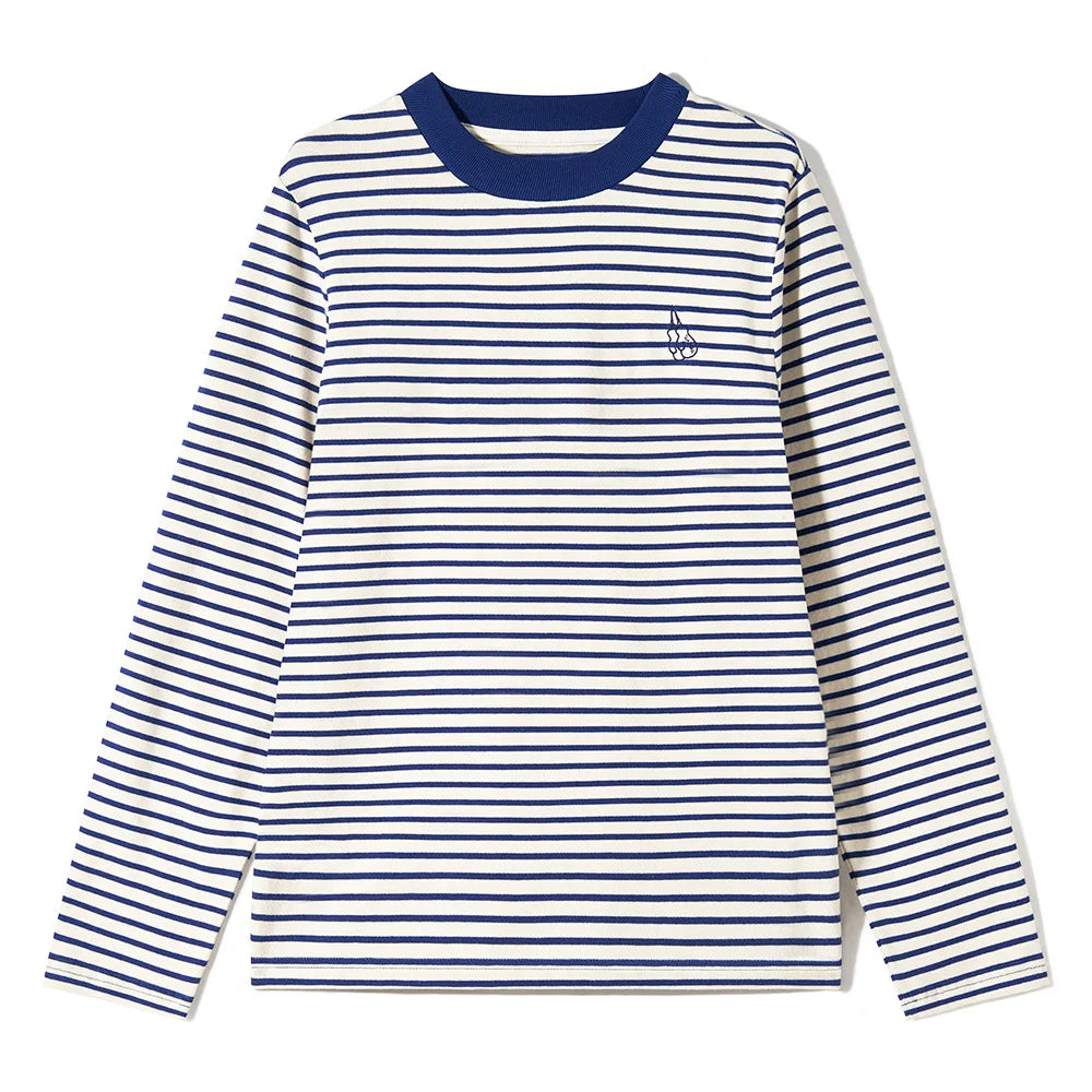 Small High Neck Long Sleeved Striped T-shirt for Men, Vintage Sea Spirit Shirt, Heavyweight All Cotton Boxing Embroidery T-shirt