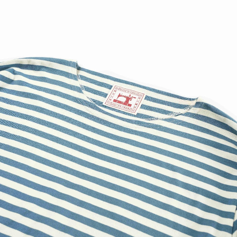New one neck loose casual T-shirt for men, blue and white striped T-shirt, men pure cotton versatile long sleeved sea soul shirt
