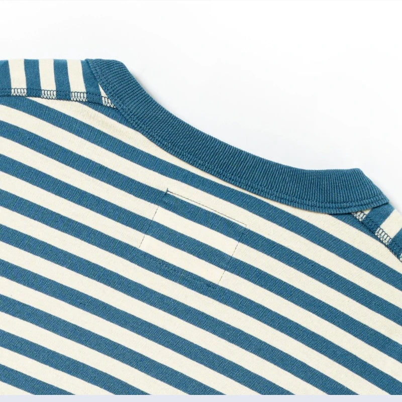 Classic American retro men's T-shirt fashionable Henry collar striped short sleeved T-shirt, all cotton washed T-shirt loose fit