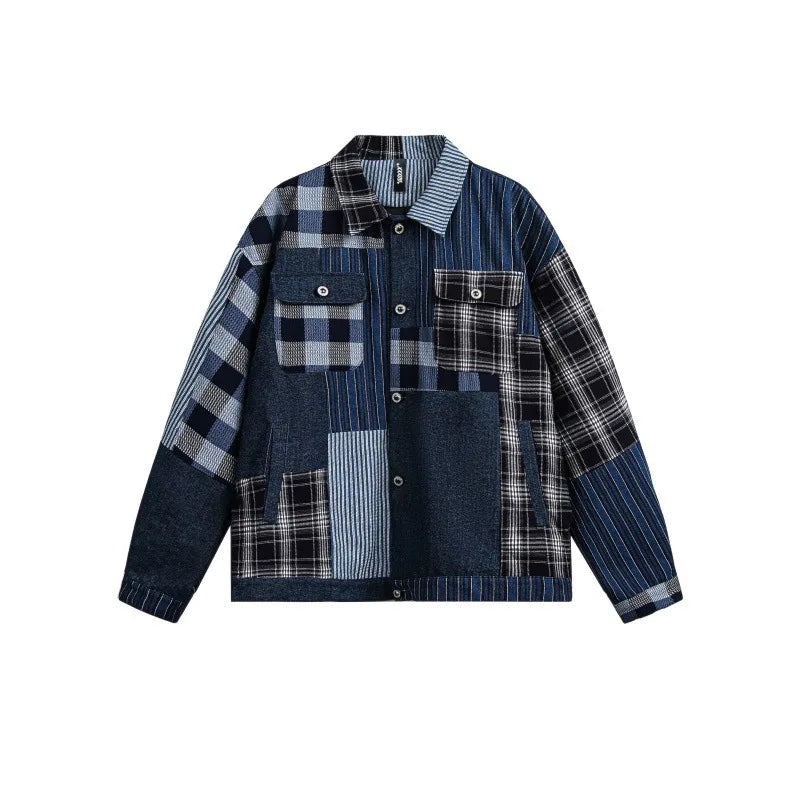 2026 Spring Japanese Retro Washed Plaid Patchwork Denim Jacket Men Akkad Kuti High - Quality Loose Casual Workwear Coat