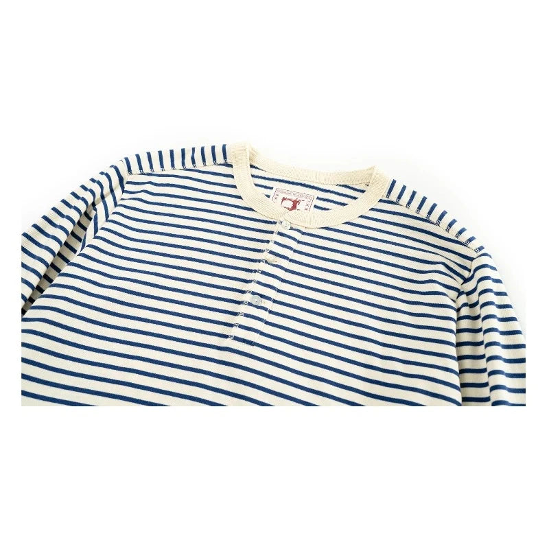 Classic American Retro Blue and White Sea Soul T-shirt Heavy duty All Cotton Striped Men Henry Collar Casual Long Sleeve T-shirt