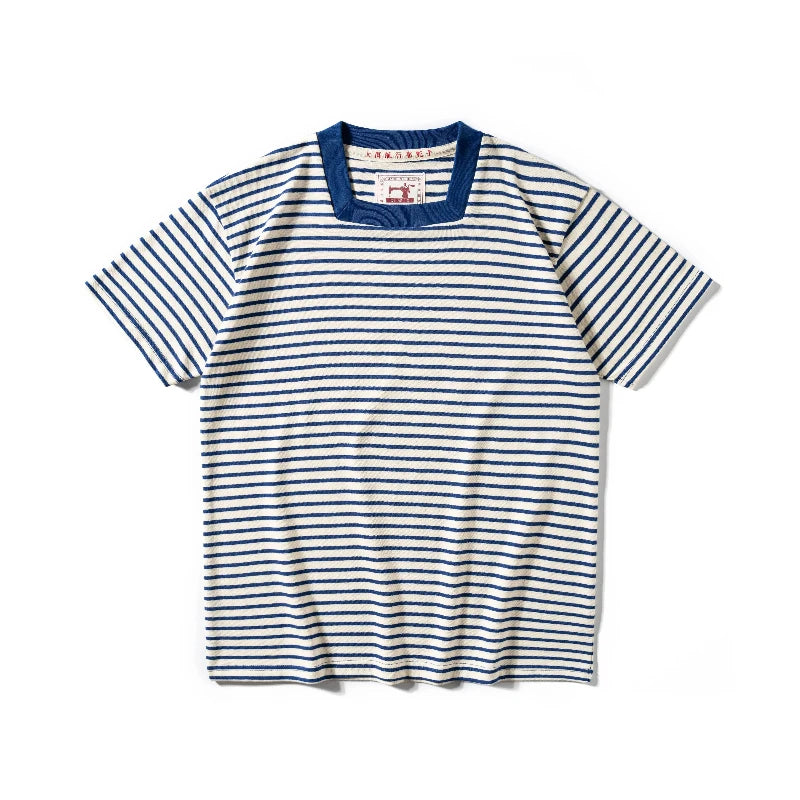 Original square collar striped T-shirt, heavyweight pure cotton men's T-shirt, washed retro sea soul shirt, short sleeved shirt